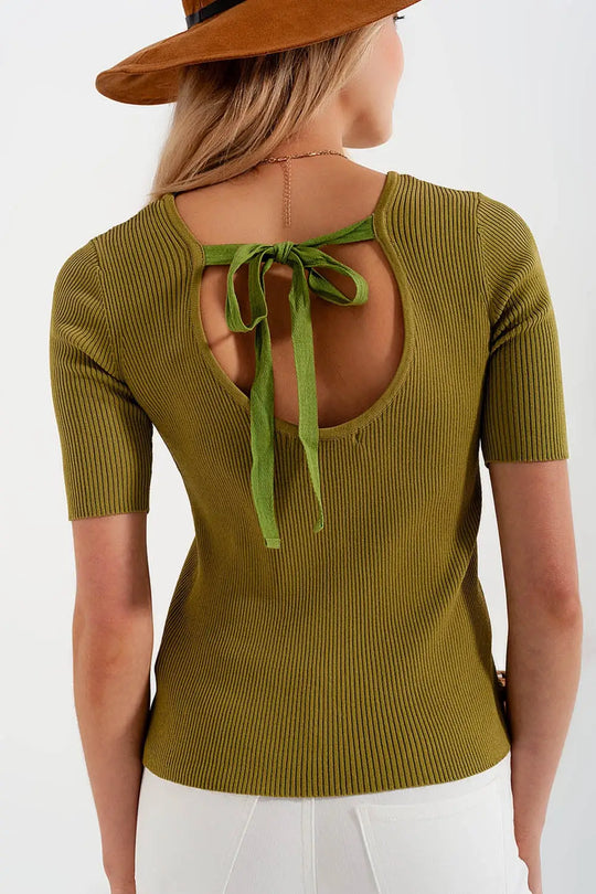 Rib knitted sweater with tie back in green - Sweaters