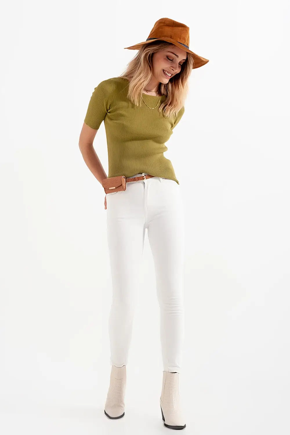 Rib knitted sweater with tie back in green - Sweaters