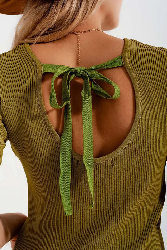 Rib knitted sweater with tie back in green - Sweaters