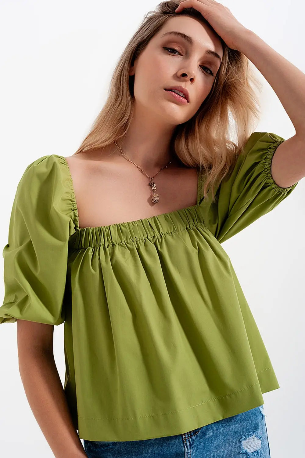 Poplin balloon sleeve top in green - Shirts