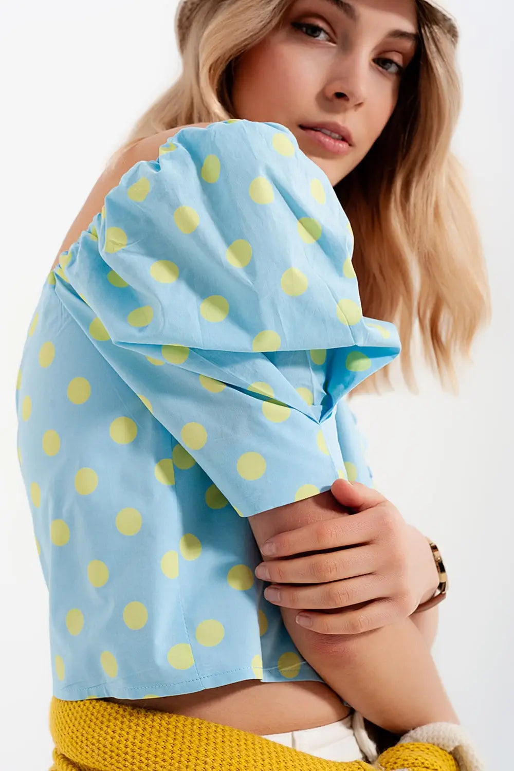 Polka dot top with puffed sleeves and square neckline blue and green - Tops