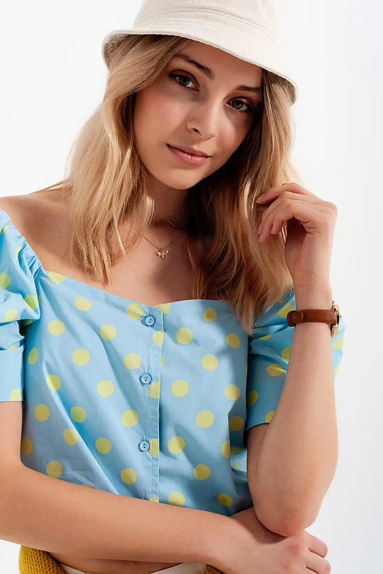 Polka dot top with puffed sleeves and square neckline blue and green - Tops