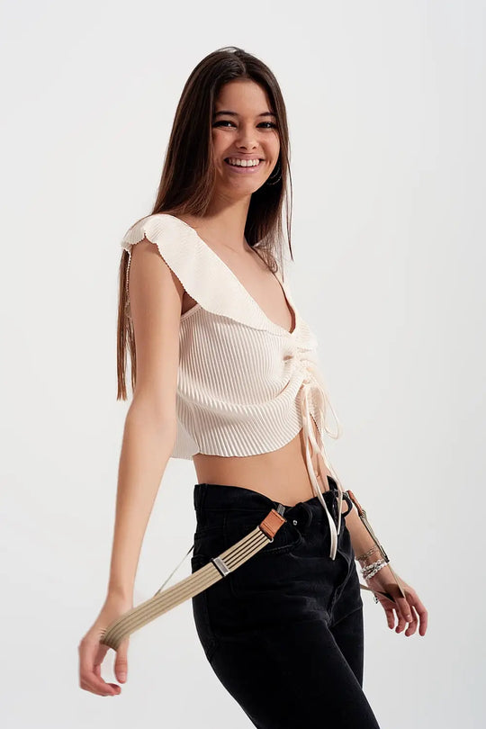 Tie front shirred detail volume sleeve crop top in cream - Shirts Tops