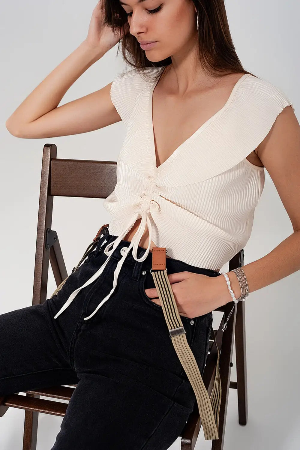 Tie front shirred detail volume sleeve crop top in cream - Shirts Tops