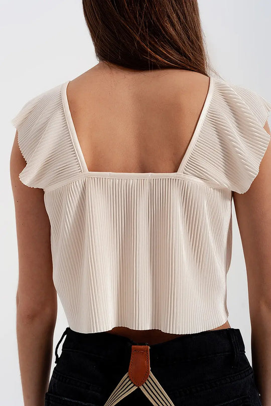 Tie front shirred detail volume sleeve crop top in cream - Shirts Tops