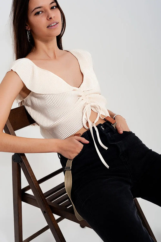 Tie front shirred detail volume sleeve crop top in cream - Shirts Tops