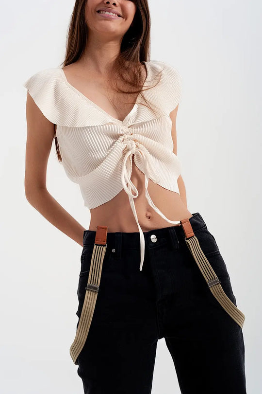 Tie front shirred detail volume sleeve crop top in cream - Shirts Tops