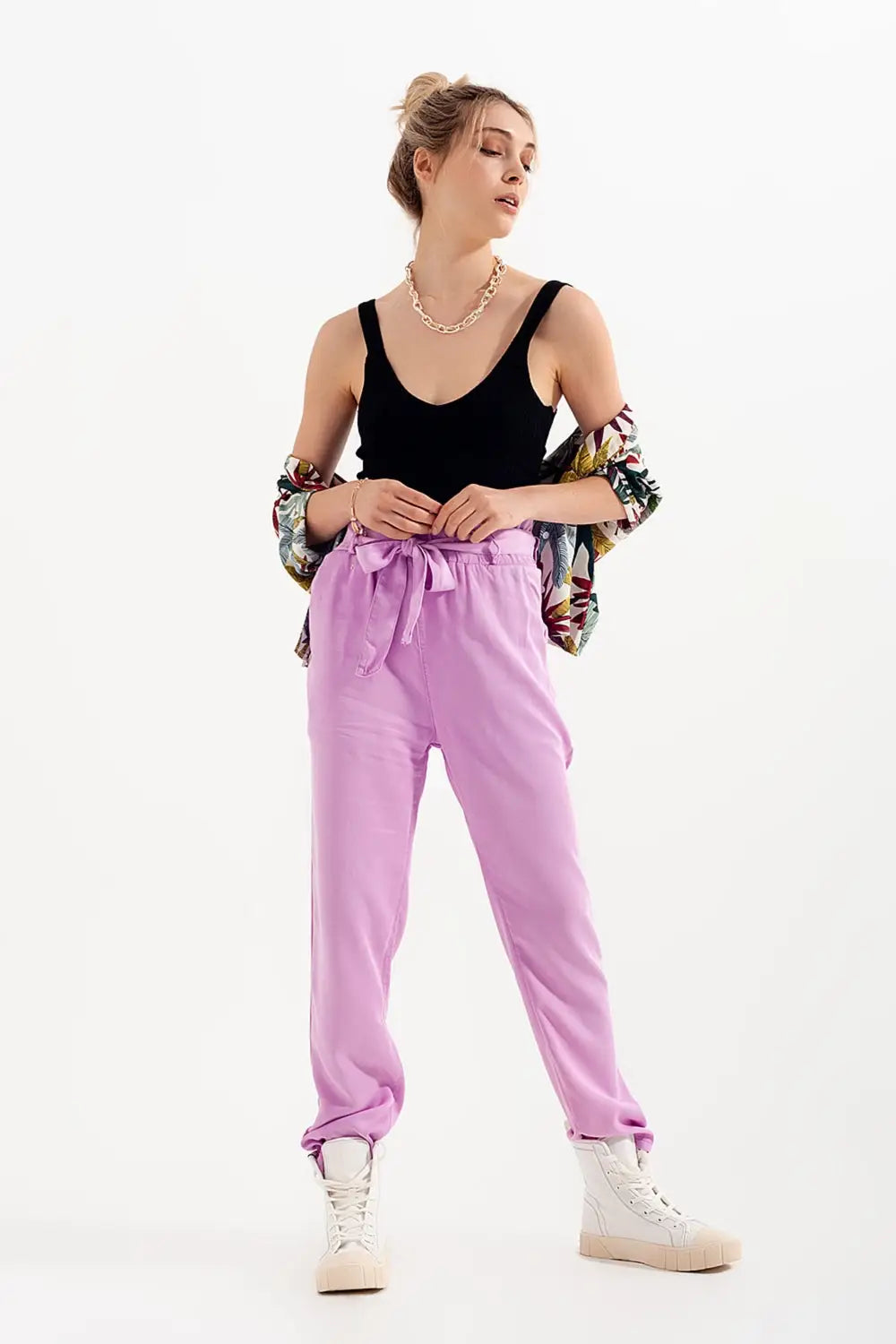 Lightweight Pants with tie waist in purple - Pants