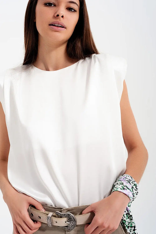 Gathered satin shoulder pad sleeveless top in white - Tops