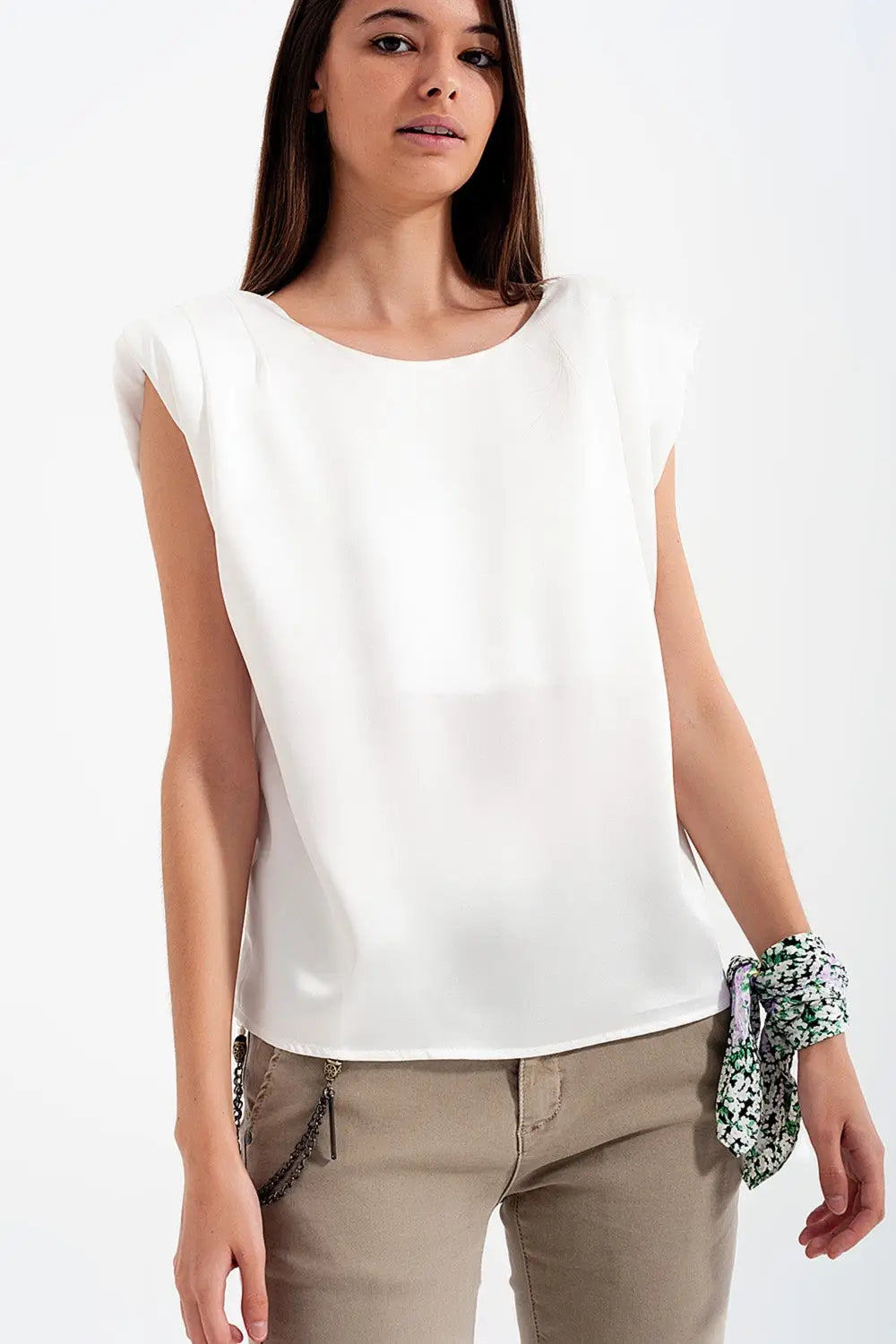 Gathered satin shoulder pad sleeveless top in white - Tops