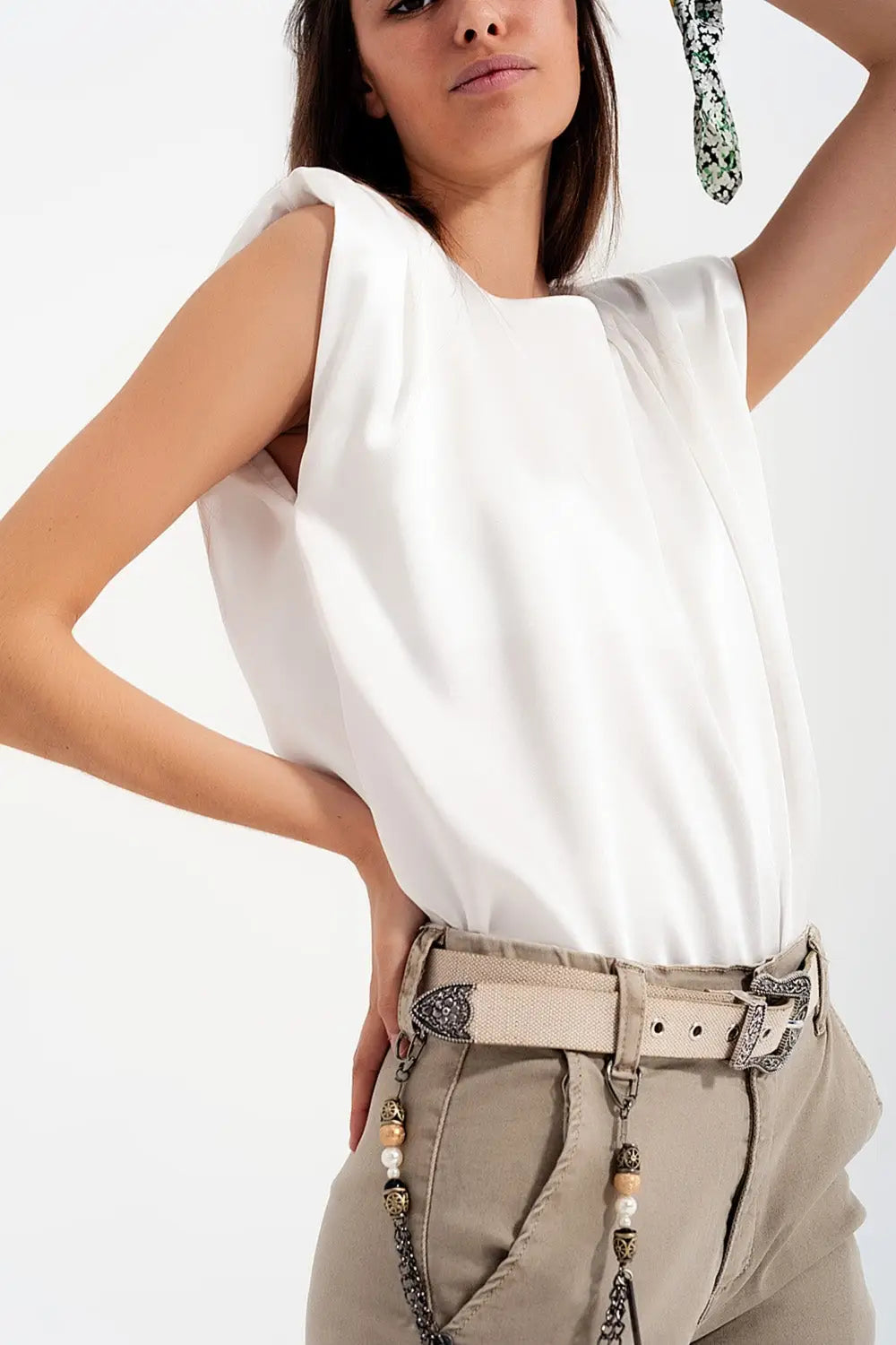 Gathered satin shoulder pad sleeveless top in white - Tops
