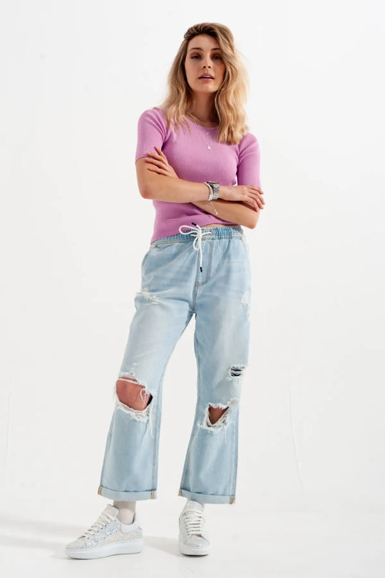 Rib knitted sweater with tie back in pink - Sweaters