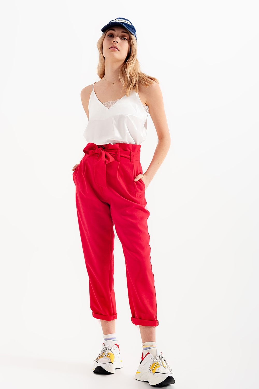 High waist belted paperbag trousers in red