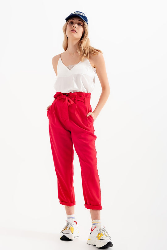 High waist belted paperbag trousers in red
