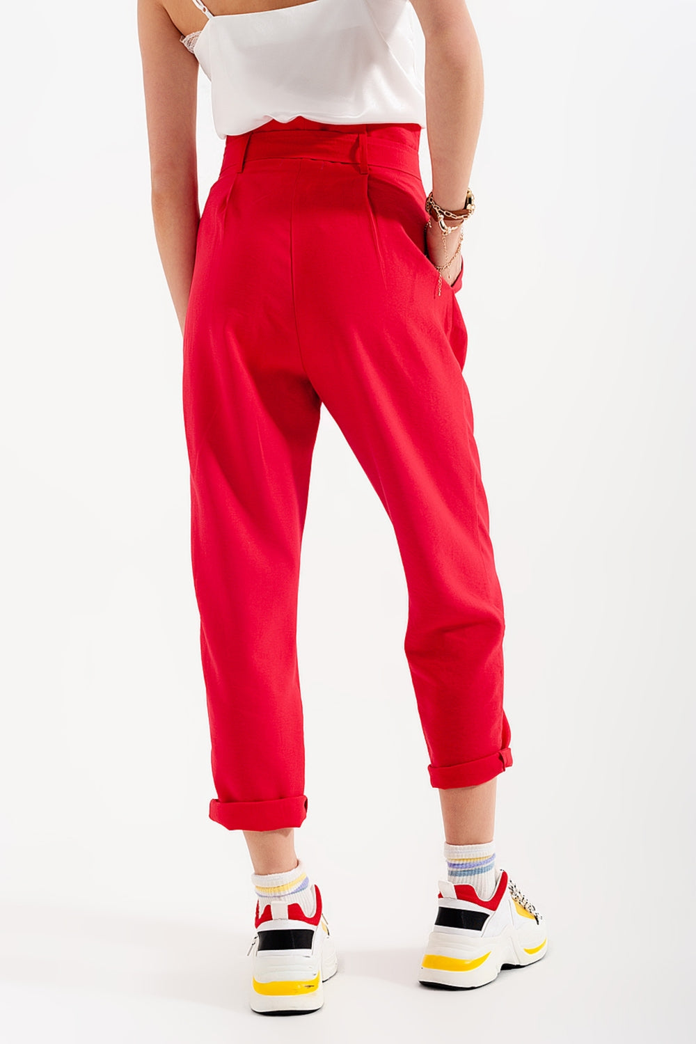 High waist belted paperbag trousers in red