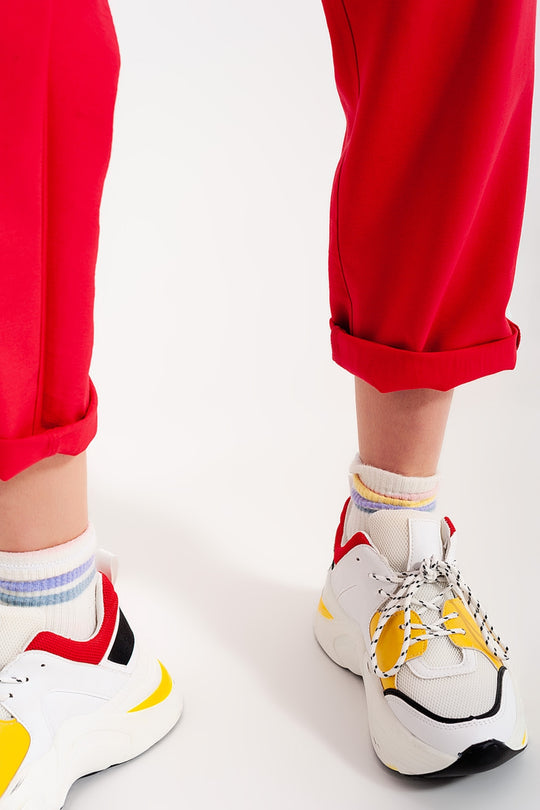 High waist belted paperbag trousers in red