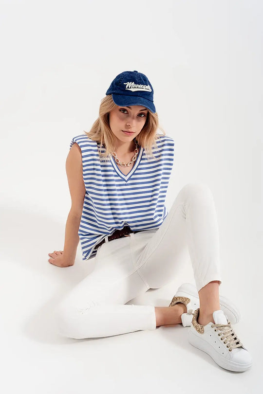 sleeveless t-shirt with shoulder pad in blue stripe - T-Shirts