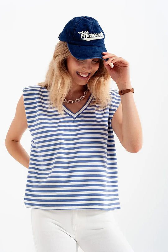 sleeveless t-shirt with shoulder pad in blue stripe - T-Shirts