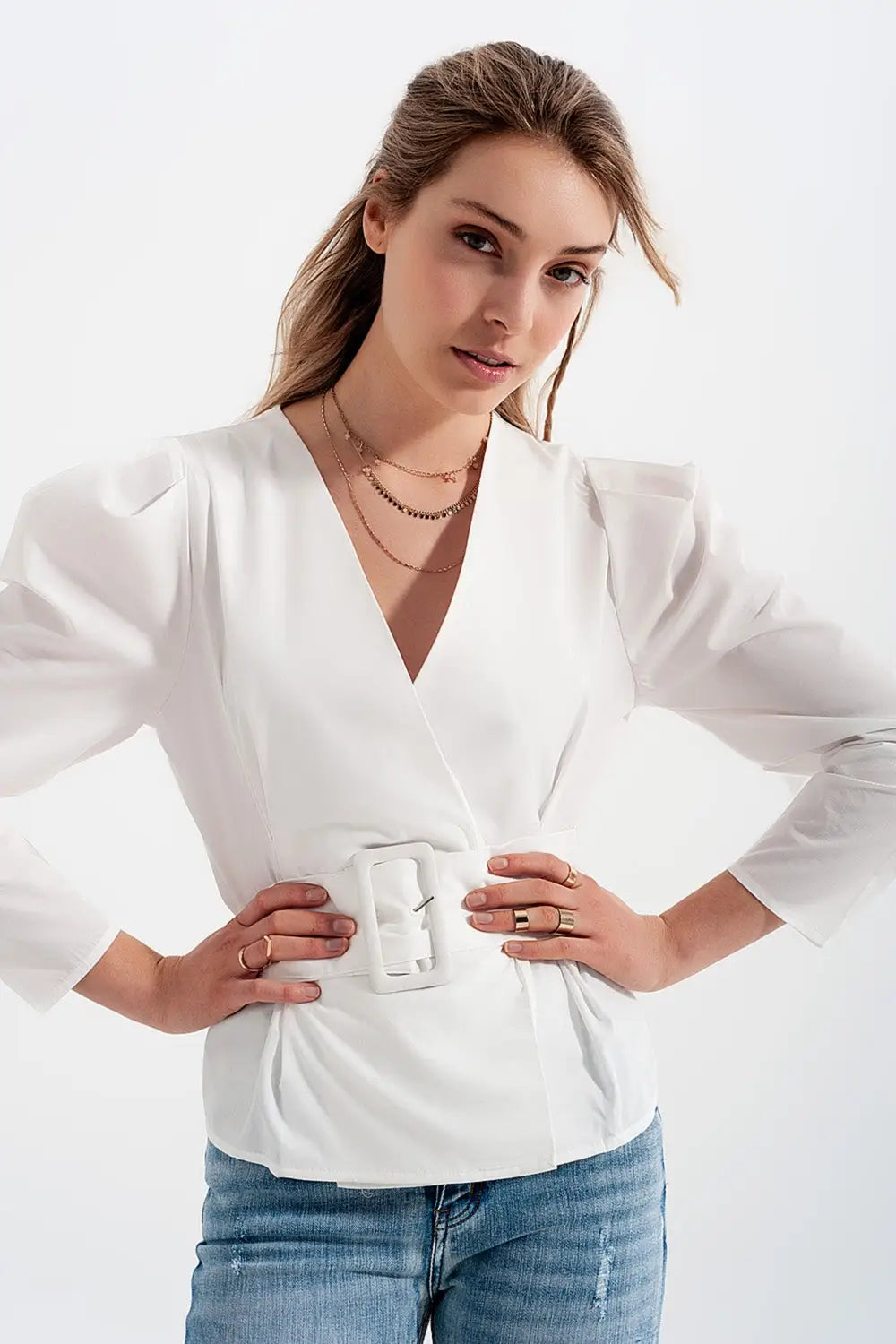 Puff sleeve wrap front top with belt detail in white - Shirts
