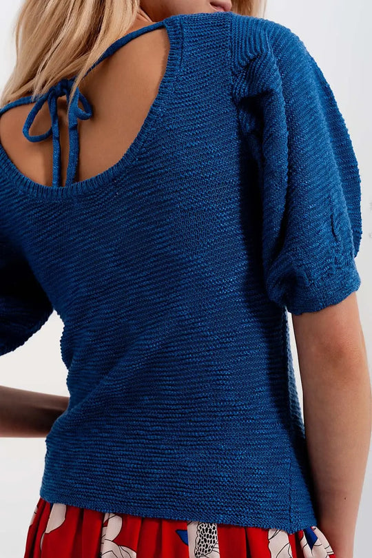 Short sleeve knitted top in blue - Sweaters