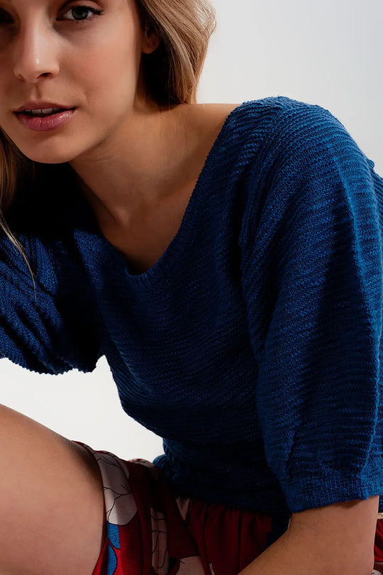 Short sleeve knitted top in blue - Sweaters