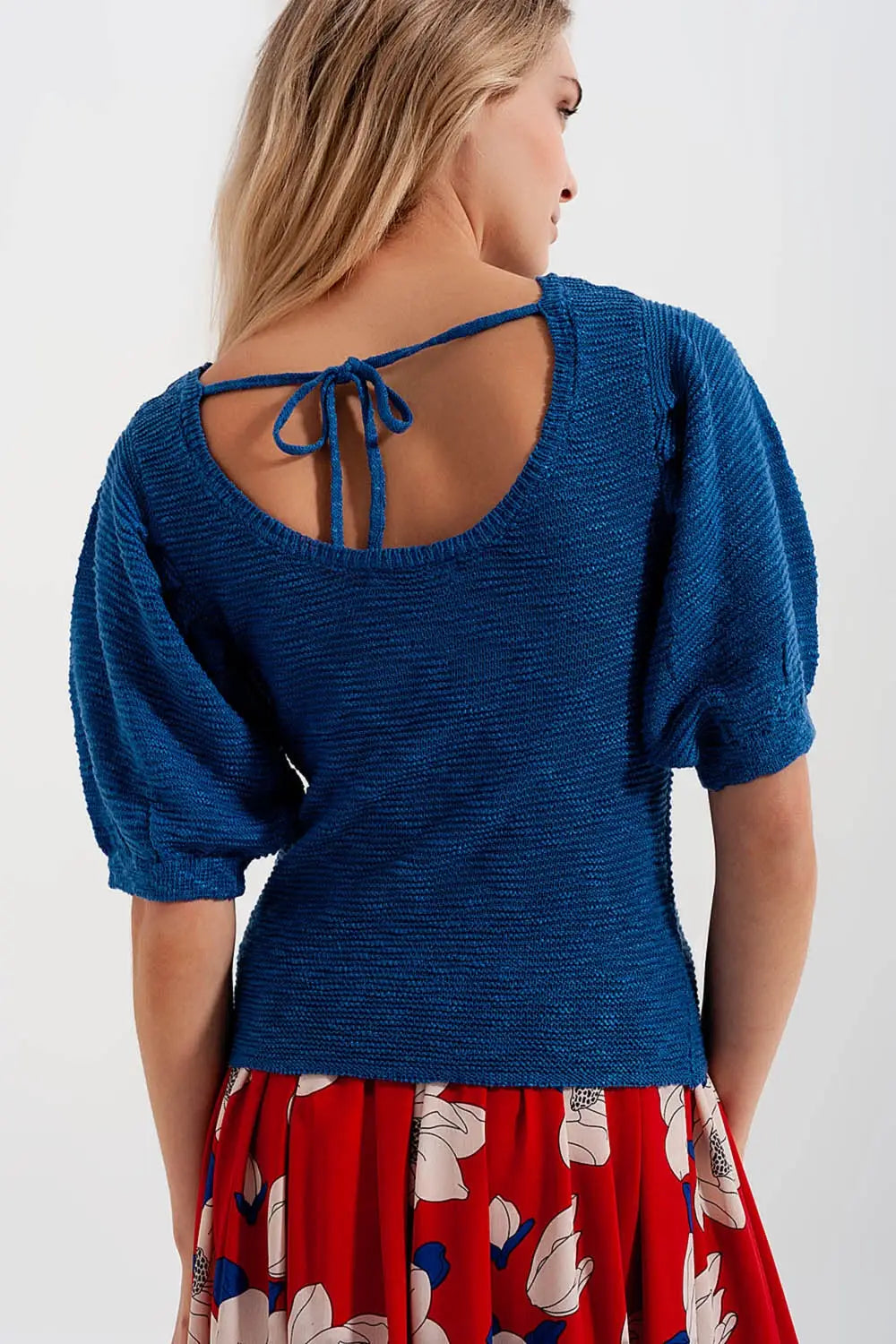 Short sleeve knitted top in blue - Sweaters