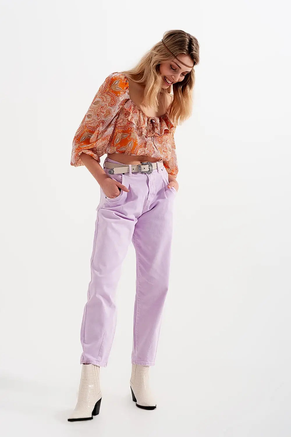 Long sleeve sheer top with shirred waist and tie detail in orange - Shirts Tops