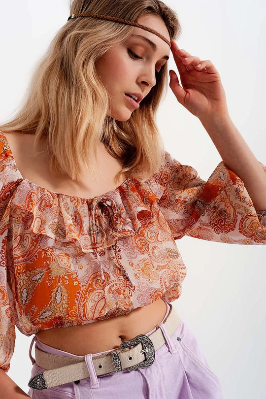 Long sleeve sheer top with shirred waist and tie detail in orange - Shirts Tops