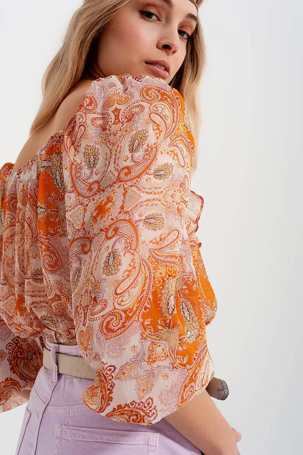 Long sleeve sheer top with shirred waist and tie detail in orange - Shirts Tops
