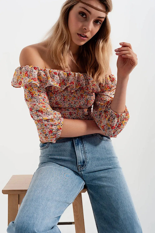 Shirred off the shoulder top with ruffle in coral floral print - Tops