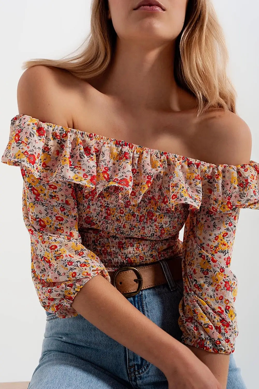 Shirred off the shoulder top with ruffle in coral floral print - Tops