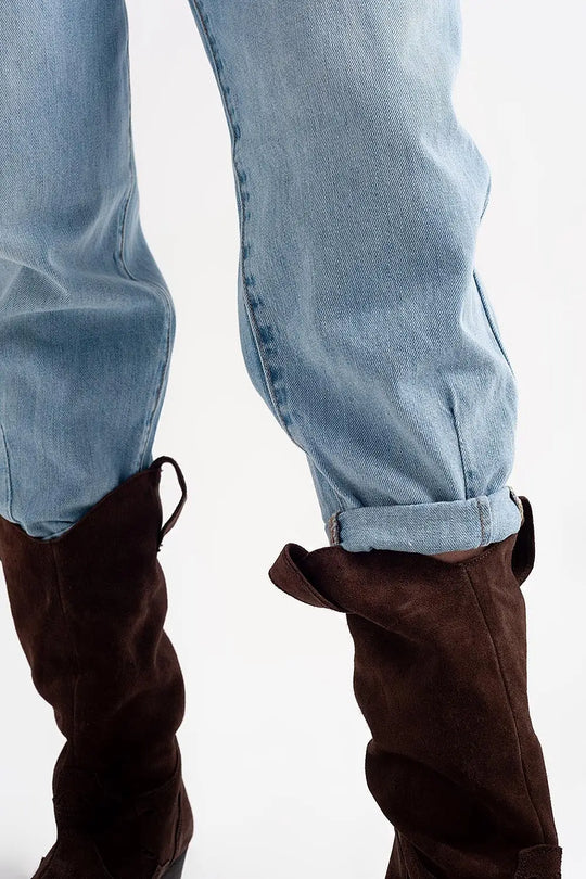 High rise relaxed jeans with pleat front in bleach wash