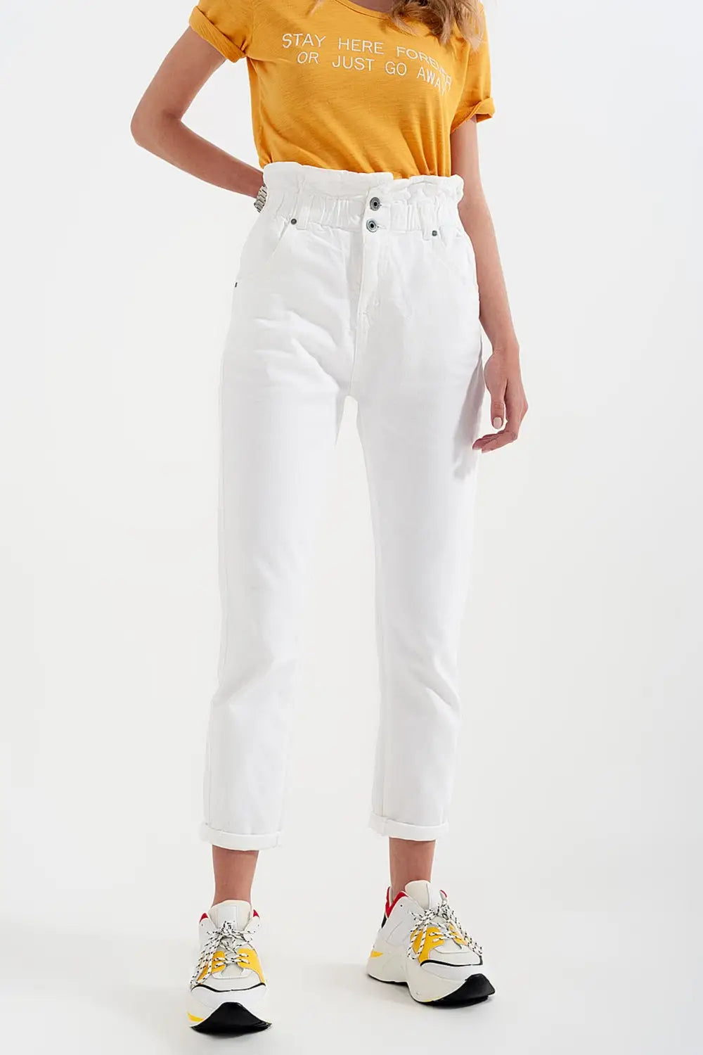 Elasticated paper bag waist mom jean in white - Colored Jeans
