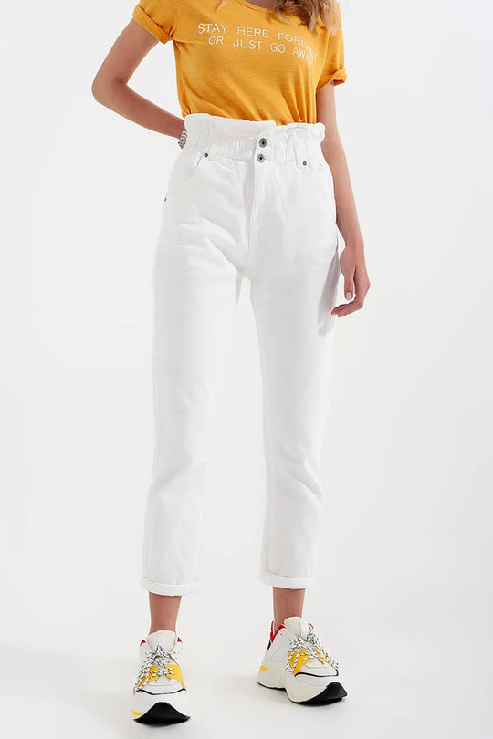 Elasticated paper bag waist mom jean in white - Colored Jeans