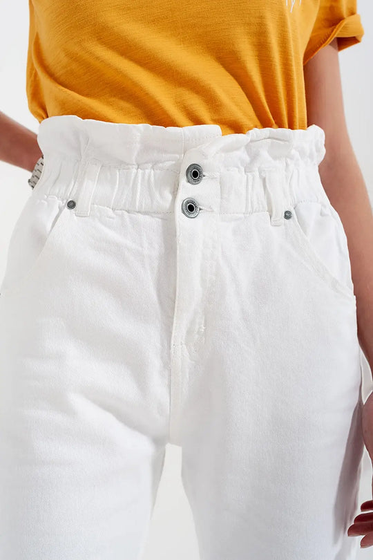 Elasticated paper bag waist mom jean in white - Colored Jeans