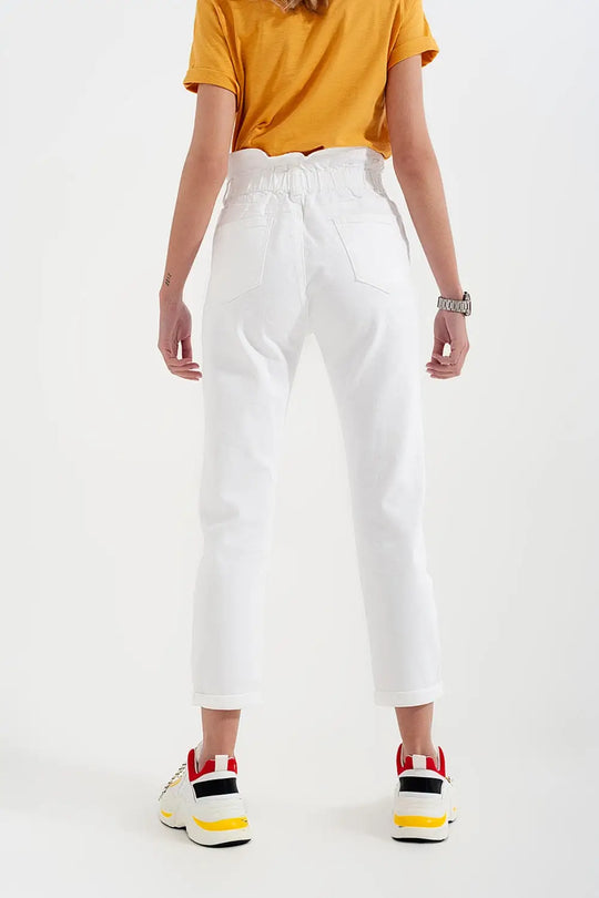Elasticated paper bag waist mom jean in white - Colored Jeans