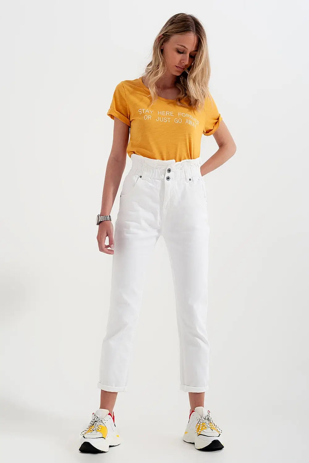 Elasticated paper bag waist mom jean in white - Colored Jeans