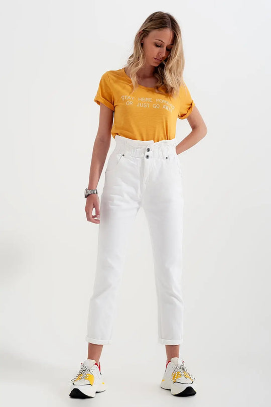 Elasticated paper bag waist mom jean in white - Colored Jeans