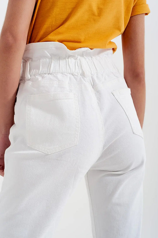 Elasticated paper bag waist mom jean in white - Colored Jeans