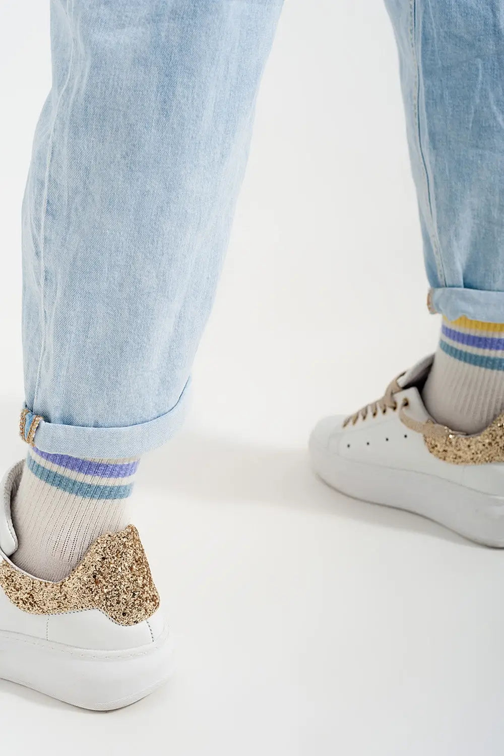 Tapered leg jeans with paper bag waist in light vintage wash