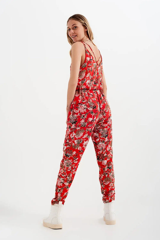 Cami strap jumpsuit in red floral print - Jumpsuits