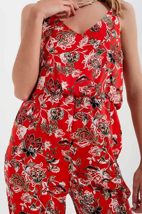 Cami strap jumpsuit in red floral print - Jumpsuits
