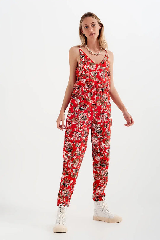 Cami strap jumpsuit in red floral print - Jumpsuits
