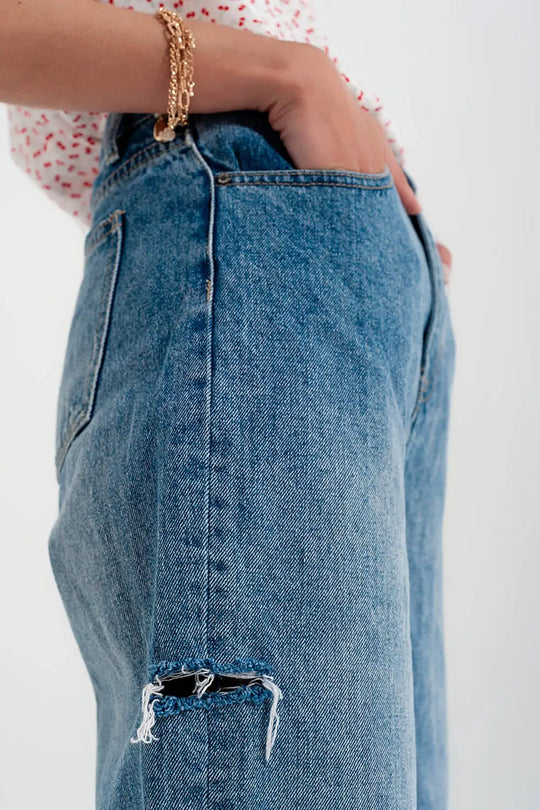 Relaxed fit side rip jeans in mid blue