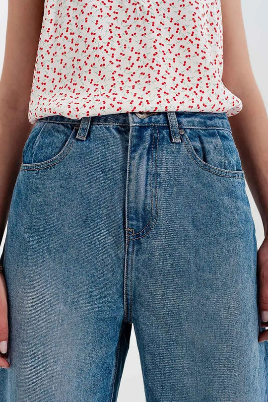 Relaxed fit side rip jeans in mid blue