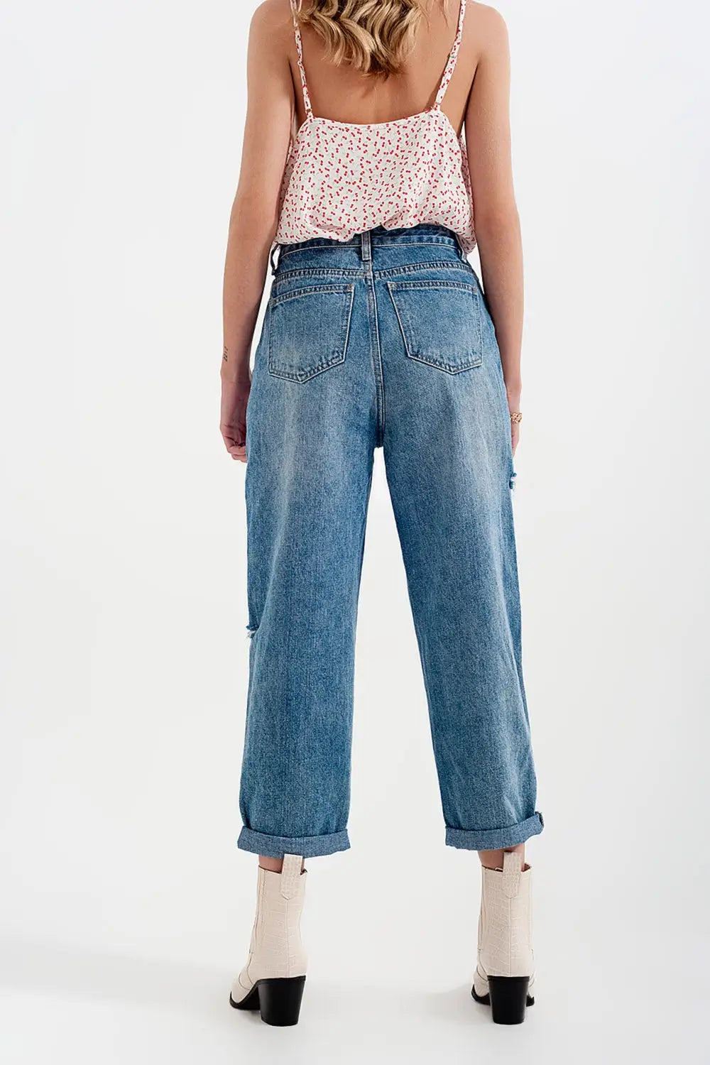 Relaxed fit side rip jeans in mid blue