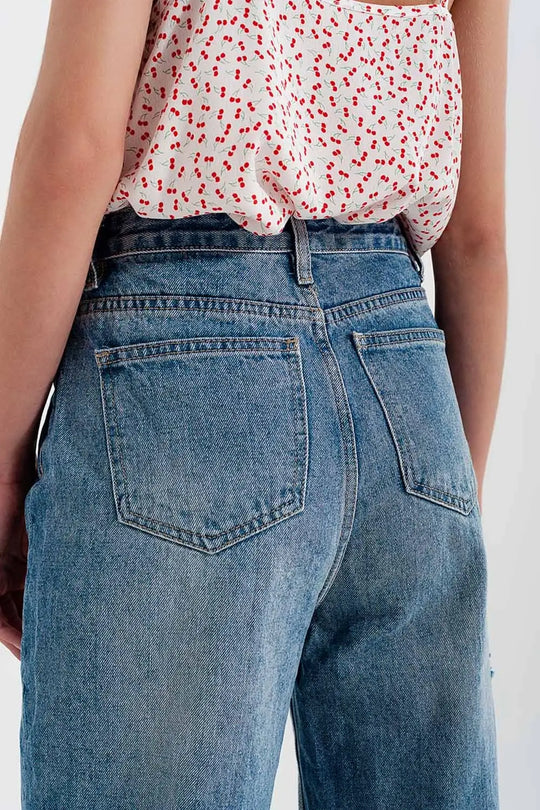 Relaxed fit side rip jeans in mid blue