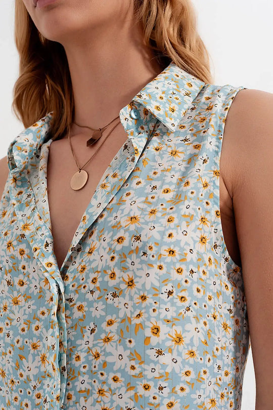 Sleeveless shirt dress in blue floral print - Dresses
