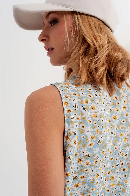 Sleeveless shirt dress in blue floral print - Dresses