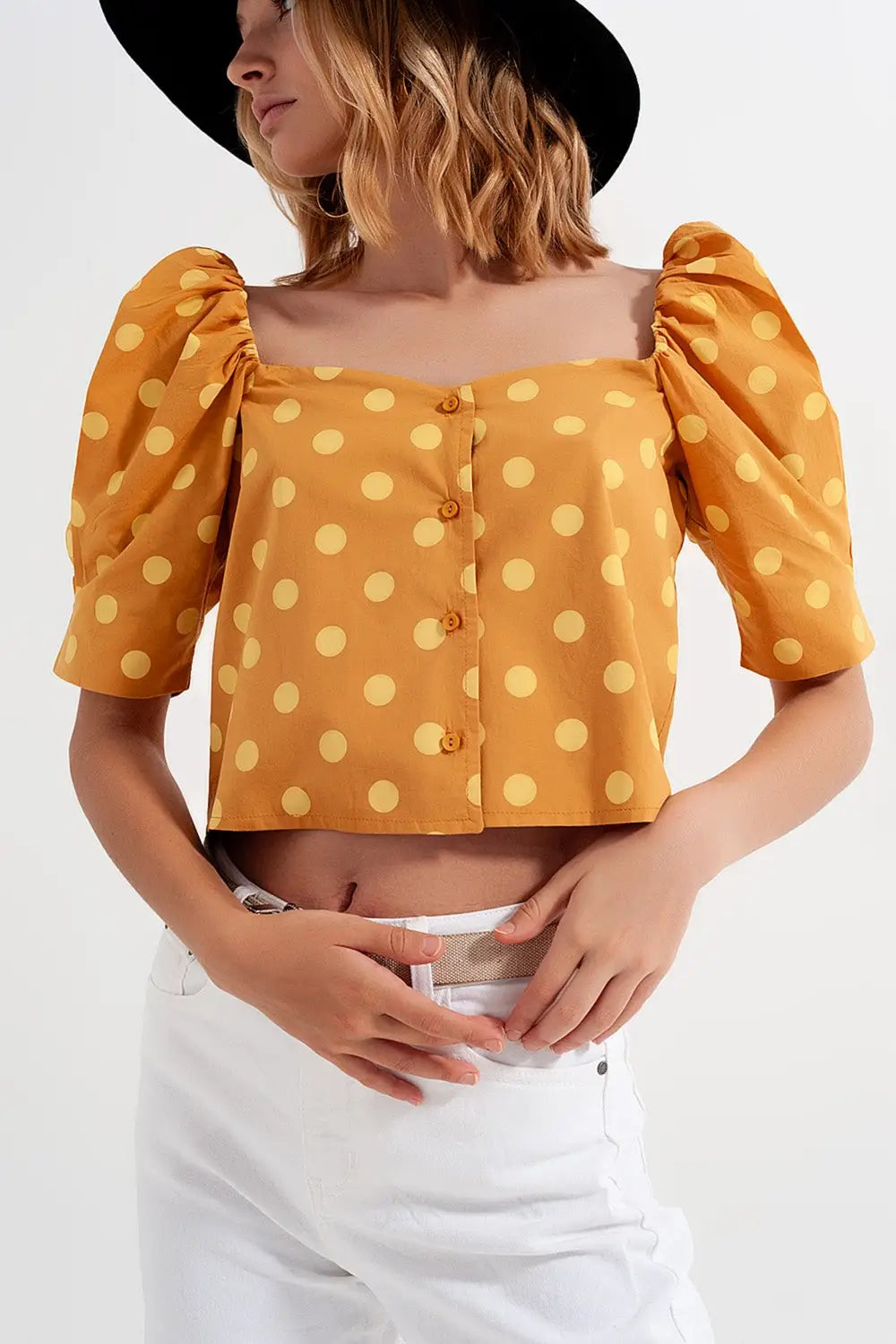 Polka dot top with puffed sleeves and square neckline in yellow - Tops